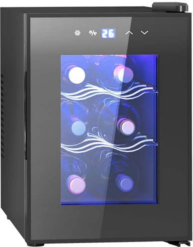 HOMCOM Cave à vin 6 bouteilles 17L réfrigérateur à vin silencieux - porte en verre, éclairage LED, écran tactile numérique, mini cave a vin contrôle de la température 8-18°C protection UV noir