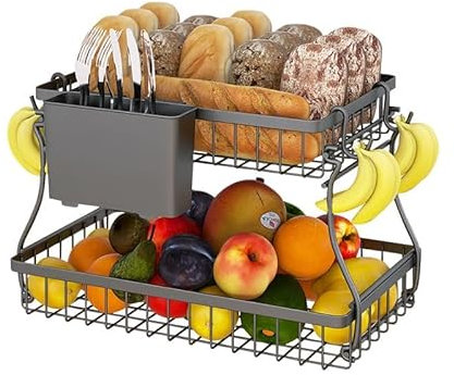 Braozaiw Fruit Basket, 2 Tier Fruit Bowl，with Steel Handle and Banane Hocks, Kitchen Countertop Rack, Vegetable Rack,Ideal for Holding Fruit, Vegetables,Snacks,Cupcakes,Black