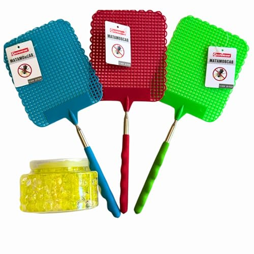 3 Matamoscas Telescópicos Extensibles con Perlas Perfumadas Cítricos - Ajustable para Matar Moscas, Mosquitos, Avispas, Plagas - Repelente Sin Cables Sin Pilas Sin Enchufes - 3 Colores