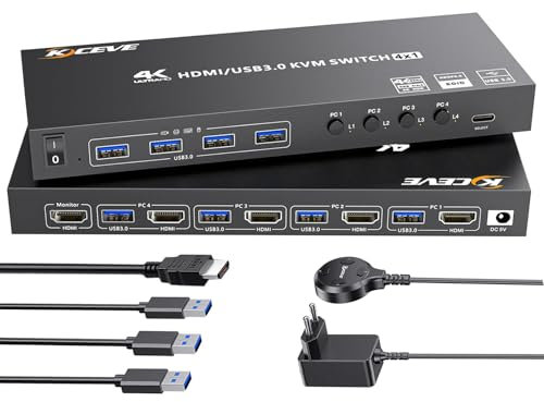 Camgeet KVM Switch 4 PC 1 Monitor HDMI Simulation EDID, 4K@60Hz, USB 3.0 KVM Switch HDMI 4 Port für 4 PC Teilen 1 Monitor und 4 USB 3.0 Geräte, mit Wired Remote, 5 Kabel und 12V Netzteil Enthalten