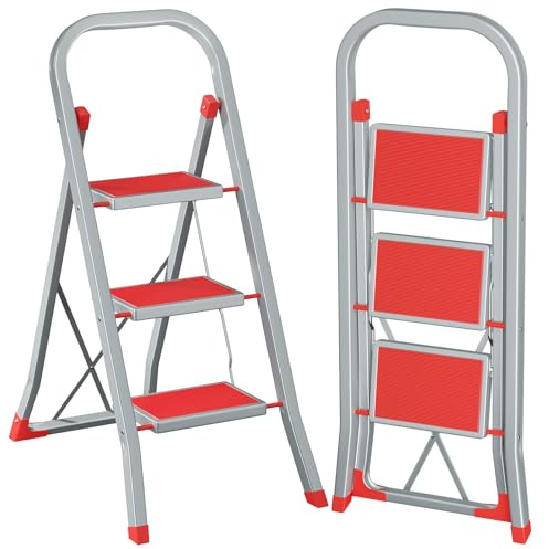 AMHANCIBLE Scaletta 3 Gradini, Scala Pieghevole con Pedali Antiscivolo, Corrimano, Blocco di Sicurezza, Scala Domestica Leggera Ladder per Casa Giardino Cucina, Portata 150 kg, Grigio E Rosso EBSL03RD