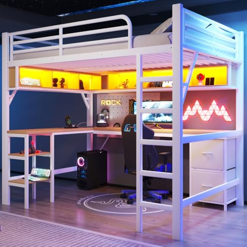 Cama alta de metal 140 x 200 cm, con luz LED y puerto USB, cama alta de hierro para niños con armario, cama con escritorio y estantes de almacenamiento debajo, colchón Sans (blanco)