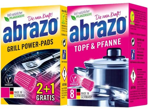 abrazo Küchen- u. Grillreinigungs-Set | 8 Reinigungskissen + 3 Grillreiniger | f. Töpfe, Grill, Rost u. Zubeh., verseifter Spülschwamm, Fettlöser