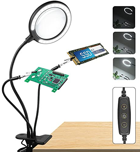 Crafts Lamp Magnifying Glasses Helping Hands soldering &28 Dimmable LED Clamp Magnifying lamp with 6 Adjustable Light Setting for Reading, Seniors, Hobbies, Craft