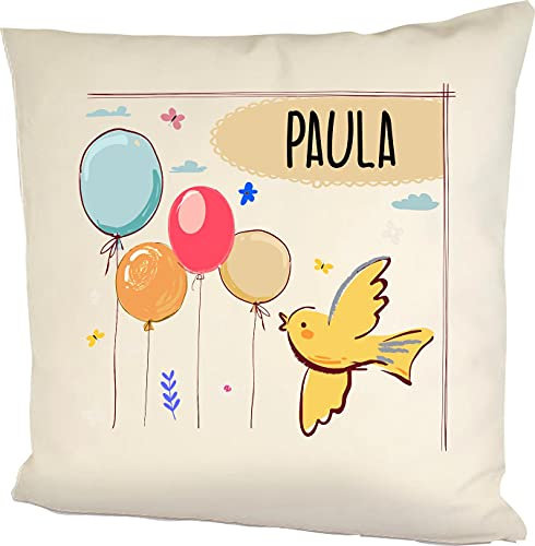 Kleckerliese Baby Kinder Kissen Kissenhülle Tiere Motiven, Taube Vogel mit Wunschname Balon Balloons, 40x40 cm Farbe Natur