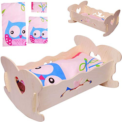 alles-meine.de GmbH Set: kleine - Puppenwiege aus Holz - mit Bettzeug - 36 cm lang - Wiegenset - Holzwiege Naturholz - Herz - Bett - Puppen klein - Matratze Decke & Kopfkissen - ..