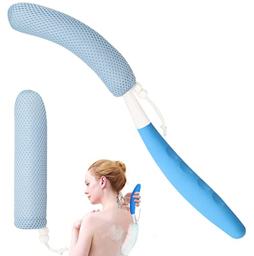Böjt långt handtag badborste, unisex, duschborste kropp exfoliator sandwich nät, pärlbomull bekväm hängande böjd rygg hud skrubbstruktur (blå)