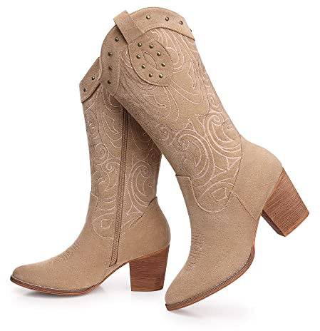 SHIBEVER Women's Cowboy Boots for WomenMid Calf Boot | Chunky Heel Pointed Toe Suede Embroidered Cute Vintage Dressy Casual Comfortable Riding Womens Booties Shoes With Zipper