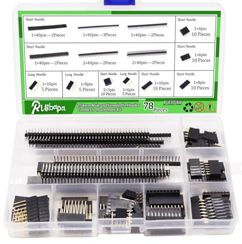 Ruibapa 78 PCS 2.54mm Male and Female Pin Connector Assortment Kit Includes 9PCS Breakaway Pin and 69pcs Stackable Shield Header