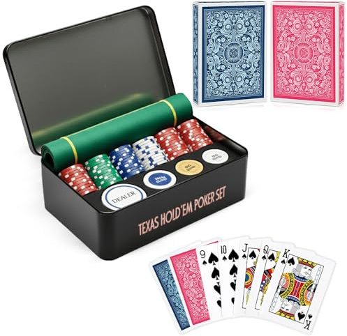 ONE BEST DEAL OBD Poker Set with 200 Professional Casino Chips Two Decks of Playing Cards Poker Mat Dealer Button Blind Buttons Metal Storage Tin Complete Holdem Game Kit for Family Parties Travel