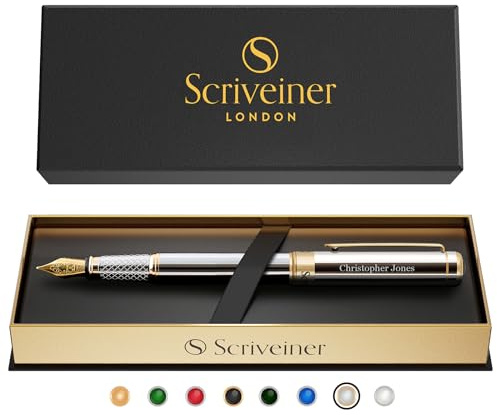 Scriveiner Silver Chrome Personalisierter Stift - Luxus Kugelschreiber Mit Gold Finish, Schmidt Vergoldete Feder (Mittel), Bestes Graviertes Füllfederhalter Geschenkset, Namensgravur