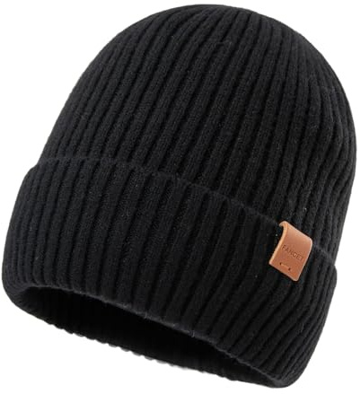 Fancet TOP-EX XL/XXL Warme Beanie-Mütze aus 100% Merinowolle mit Fleecefutter für Herren und Damen - Wintermütze für Laufen und Golf, Strickmütze, Wollmützer Schwarz
