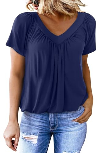 Dokotoo Ladies Tops Summer Short Sleeve V Neck Women's T-Shirts Loose Fit Women Tee Shirts Casual Solid Color Oversized Womens Blouses Top Blue L