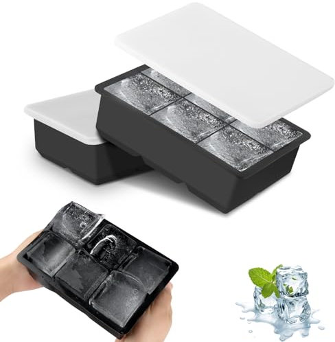 JOPHEK Ghiaccio Stampo Silicone, 2 Pezzi 12 Cubetti Ghiaccio Vaschetta del Ghiaccio con Coperchio, Cubetti di Ghiaccio Quadrati Grandi 4,8cm per Cocktail, Whisky, Vino, Frutta, Puree di Frutta, Gelati