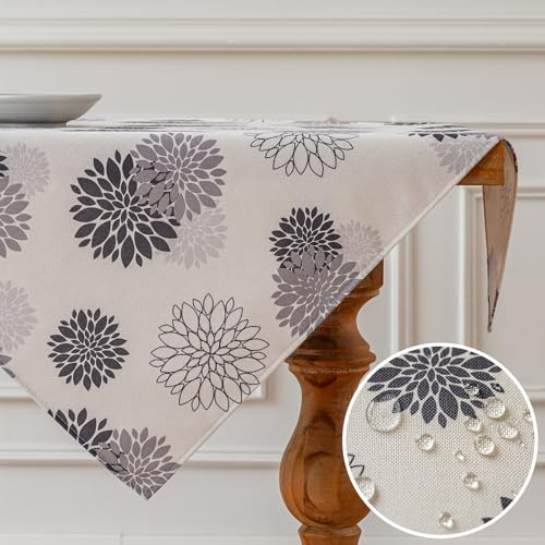 Vorysum Tischdecke Modern Blumen Grau Dahlien Tischwäsche Wasserabweisend Leinen，Dekoration Tischläufer Outdoor Sommer Garten für Hochzeit Esszimmer Party Urlaub Dekor 85 x 85 cm