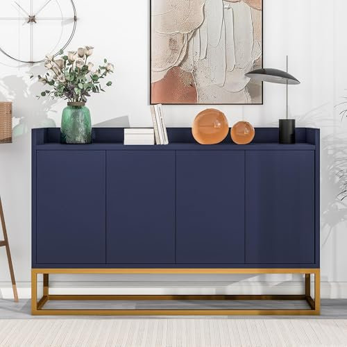 YCYDHDM Sideboard, Kommode mit 4 Türen und Metallbein, Mehrzweckschrank, Anrichte mit verstellbare Regale, für Schlafzimmer Wohnzimmer Küche, Blau