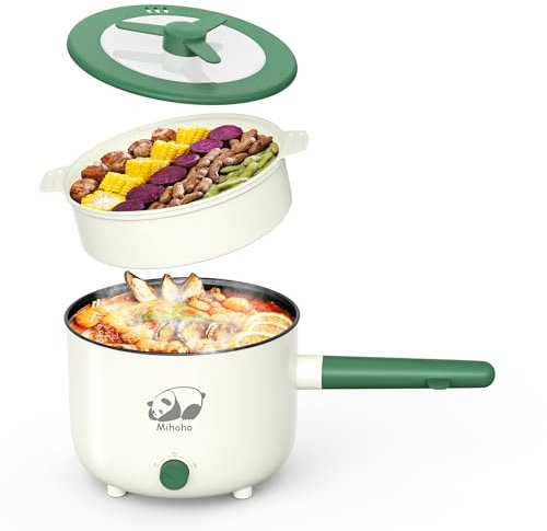 Elektrischer Hot Pot mit Dampfgarer, Multifunktionaler tragbare antihaftbeschichtete Bratpfanne mit Dual-Power-Steuerung,elektrischer Shabu-Shabu-Kocher für,Haferflocken,Nudeln,Ramen, 1,5l (Grün C)
