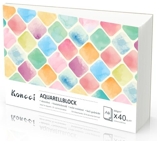 Koncci Aquarellpapier A4, 40 Blatt Aquarellblock, Kaltgepresst 300g/m² Weißes Aquarell Papier, Watercolor paper für Aquarellmalerei und Zeichnung, Geeignet für Studenten, Anfänger, Künstler