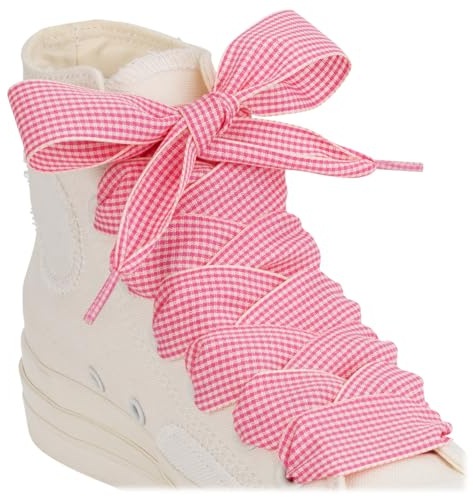 Puzeam Cordones planos de satín a cuadros de 25 mm para zapatillas y botas | 2 pares, lazos vistosos, cinta suave a cuadros y cordones planos anchos que se mantienen atados, 24 estilos y 3 longitudes