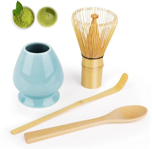 LWMTT 4 Pièces Fouet Matcha Kit, Fouet Matcha 80 Dents Matcha Kit, Cuillère Traditionnelle, Support Fouet pour Matcha, Kit Matcha Complet sont Cadeau pour Noël et Anniversaires - Bleu
