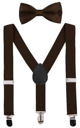 CXNXFD Ensemble de bretelles et nœud papillon pour enfant, bretelles élastiques en forme de Y, réglables avec clips, marron foncé