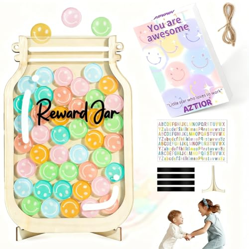 azttior Personalisierbares Belohnungsglas Magnetisch mit Bunten Buchstaben Aufklebern, 42 Smiley – Belohnungssystem Grundschule Reward Jar, Belohnungstafel Kinder für Töpfchentraining, Schule
