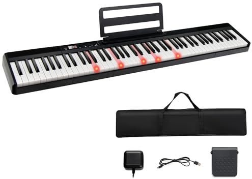 KOMFOTTEU Digitales Piano mit 88 Tasten, 1000 Sounds und Rhythmen, 20 Demo-Songs, halb-gewichtete Tastatur, elektronisches Klavier mit LED-Beleuchtung der Tastatur, Aufbewahrungstasche, USB/Bluetooth