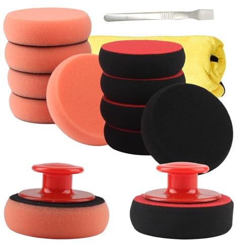 Vaskula 14 Pezzi Tamponi Lucidatura Auto Set 90mm Spugne Lucidatura Addensare Spta Kit per Lucidatrici Auto con Panni Lucidanti Raschietto Tamponi Lucidatrice per Pulizia Lavaggio e Ceratura