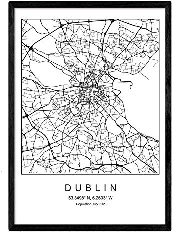 Nacnic Stampa Artistica Cartina geografica della Città di Dublino, Irlanda. Mappa della Città dell'Arte, Stile Nordico in Bianco e Nero. Dubin, Ireland. 250 Grammi di Alta qualità.