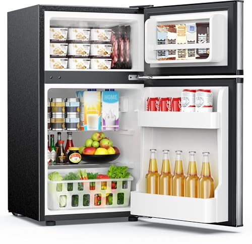 EUHOMY Mini Fridge with Freezer, 3.2 Cu.Ft Mini Refrigerator fridge, 2 door For Bedroom/Dorm/Office/Apartment - Food Storage or Cooling drinks, Silver