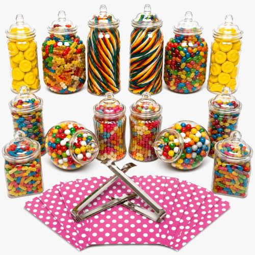 Truly Sweet Candy 14 Plastic Sweet Jars, 7 Styles, 2 Tongs and 50 Bags. Ideal for Party, Wedding, Sweet Table, Candy Buffet (Pink Polka Dot Bags)
