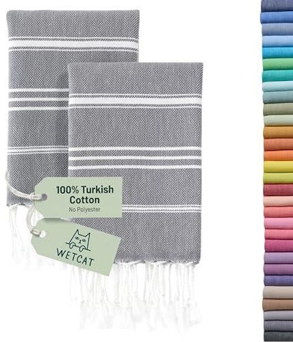 WETCAT Toallas de Mano turcas con Lazo para Colgar (20 x 30) – Juego de 2, 100% algodón, Suaves, prelavadas, Toallas de Mano Bohemias para baño, Juego único de Cocina Gris Oscuro