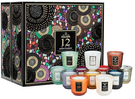 Voluspa Juego de regalo de velas perfumadas de calendario de Adviento de 12 días, 2.5 onzas cada una, juego de velas de Navidad, 25 horas de tiempo de combustión por vela, velas perfumadas para