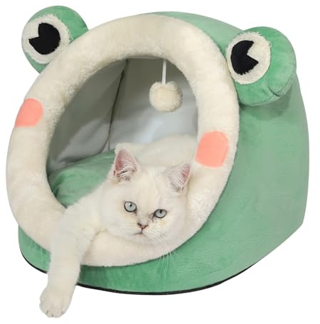 Jiupety Söt kattbädd, kattbädd för inomhuskatter, varm grottbädd för valp och kattunge, cat bed cat house, grön groda, M