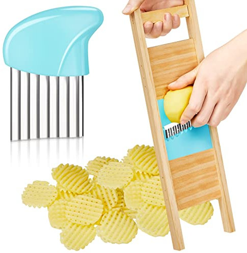 2-in-1 Wave & Crinkle Waffle Cutter Set - Stainless Steel Potato French Fry & Waffle Fry Cutter - Blue