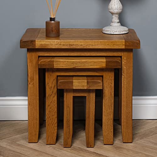 Elm home and garden Oak Nest Of 3 Three Tables Side End Lamp Table Fully Assembled 50 cm high x 54 cm Wide x 37 cm Deep