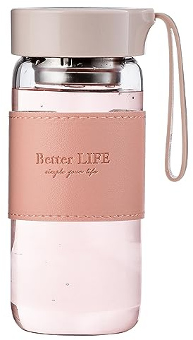 DNIENKGE Glass Tea Bottle 16 oz Drinking Bottle with Non-Slip Holster, and Stainless Tea Infuser,Leak Proof Lid,Portable Glass Water Bottle for School, Office, Car & Home,as a gift, etc (Pink)
