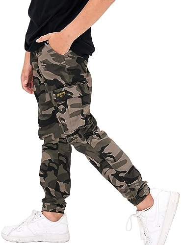 Rolanko Pantaloni Cargo da Ragazzo, Pantaloni da Jogging in Vita Elasticizzata per Bambini, Grigio Mimetico, Taglia: 170