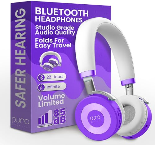 Puro Sound Labs JuniorJam+ Cuffie Bluetooth wireless, audio sicuro on-ear regolabile, 22 ore batteria, ideali per tablet, smartphone e PC, viola