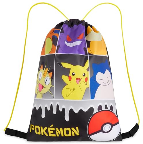 Pokémon Pikachu Mochila Cuerdas - Bolsa con Cordón de Natación, Escuela, Deporte para Niños (Negro/Multi)