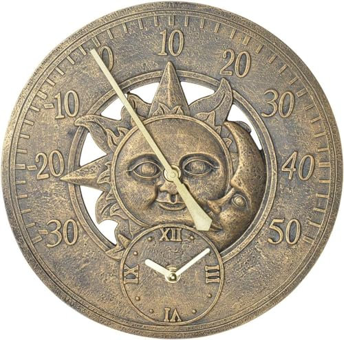 QJIRZB Termómetro de jardín analógico de pared bronce sol y luna reloj de 30 cm con estilo vintage, resistente a la intemperie, funciona con pilas, estación meteorológica para jardín interior o