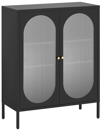HOMSTEEL Sideboard Schrank, Metallschrank mit transluzenten PC Board Türen, Zwei Farbe Griffe, Liquor Schrank mit verstellbaren Regalen für Küche, Esszimmer, Wohnzimmer, Flur, Schwarz
