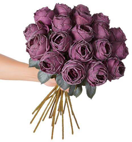 Kisflower Artificial Rose Blue Flower, 20 Inch Tall Single Rose Long Stem Fake Flower, Silk Blossom Rose, Realistic Flower for Table, Office, Party, Wedding, Home Decor (Purple, 10 Pieces)