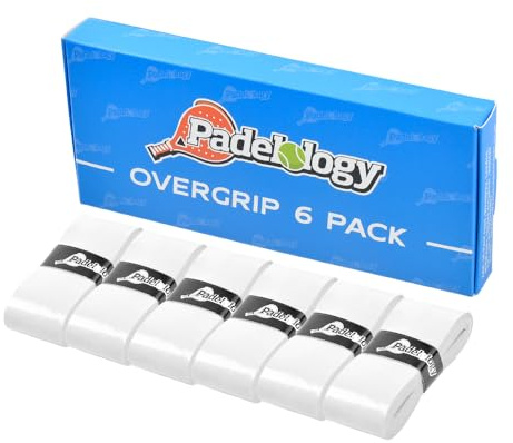 Padelology Tacky Padel Overgrip - 6 Pack Extremely Sticky Non-Slip Pickleball Grip Tape for Paddle, Tennis, Badminton, Squash Racquet Grip [0.6mm Thickness] (White, 6 Grips)