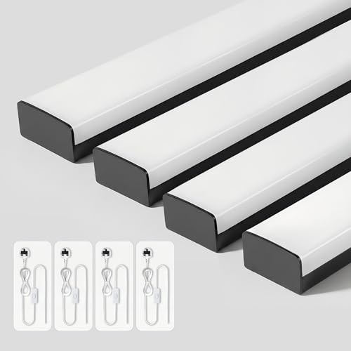 BrightFly Full-Screen LED Batten Light 4ft/115cm, Linkable Plug in Ceiling Light, 33W 3610lm 3000K/4200K/6500K Selectable, LED Strip for Garage Office Living Room Kitchen Shed (Black, 4-Pack)