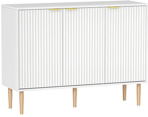 HOMCOM Aparador de 3 Puertas Acanaladas Aparador de Salón con Estante Ajustable Mueble para TV para Dormitorio Sala de Estar 107x35x80 cm Blanco