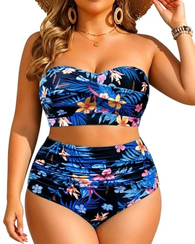 Plus Size Two Piece Bandeau High Waisted Tummy Control Bikini Swimsuit, Blue and Flower, 14 Plus