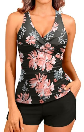 CheChury Tvådelad baddräkt för kvinnor med vadderad BH V-ringning tankini strandset bh push up badkläder blommig tankini toppar shorts strandklänningar pool sport, Ljusrosa, L