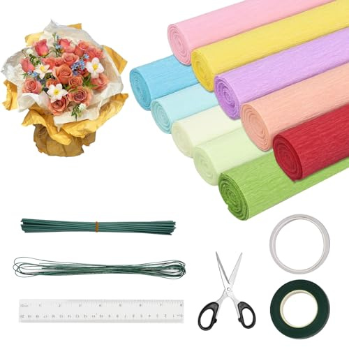 XINGNA Lot de 10 rouleaux de papier crépon multicolore, 25 x 250 cm, 10 couleurs pastel, papier crépon avec fil floral et ruban de fleuriste, pour la fabrication de papier floral DIY