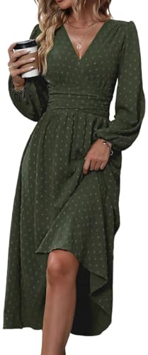 HUXRAKV Casual Wrap Dresses for Women UK Elegante Ladies V Neck Long Lantern Sleeve Ruffled Waist Maxi Party Dress,37-Green,S